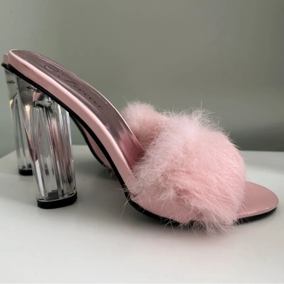Forever Pink Rabbit Fur and Lucite Heeled "Boudoir" Slides - Picture 2 of 8